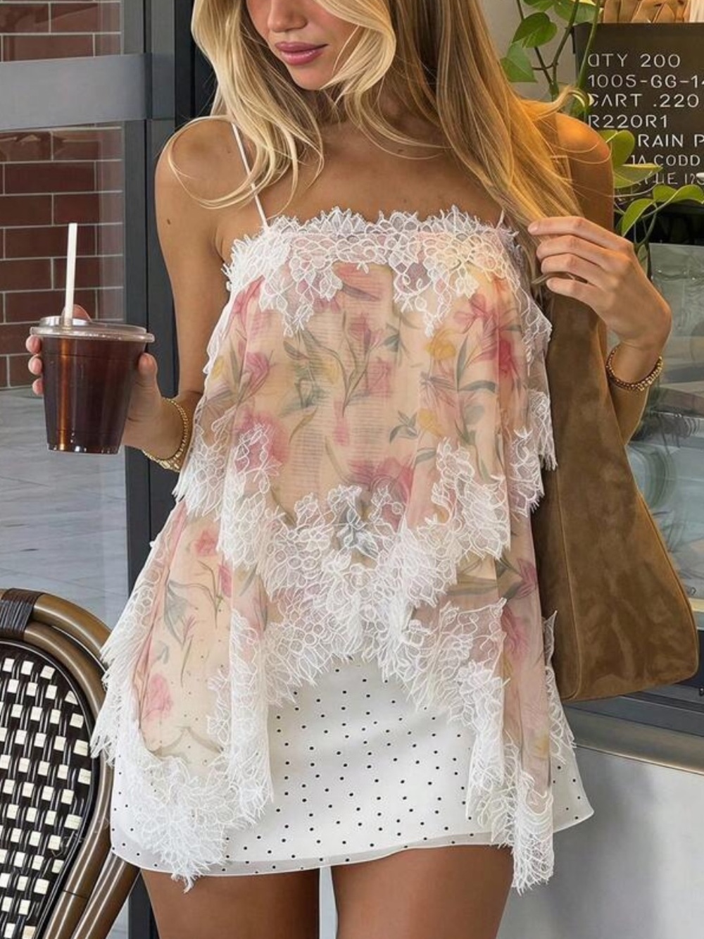 Spring/Summer Solid Apricot Floral Print Women's Asymmetrical Hem Lace